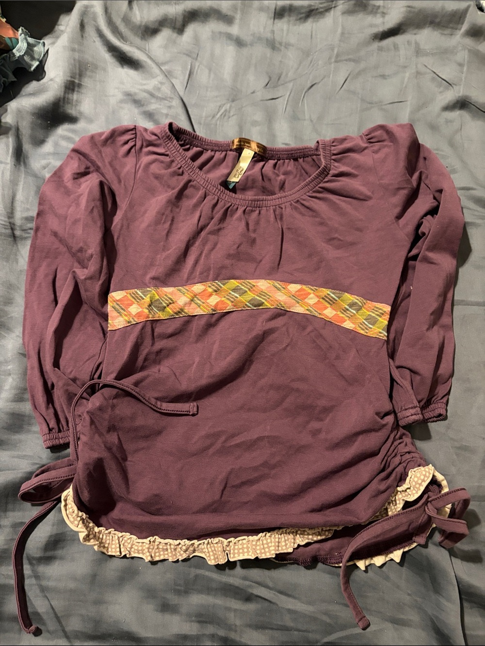 Matilda Jane Plum Long-Sleeve Top with Plaid Band and Cream Ruffle